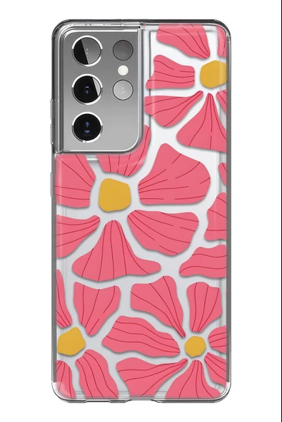 Samsung Galaxy S21 Ultra Uyumlu Baskılı Şeffaf Kılıf Kapak "Pastel Çiçek Böcek Pembe"