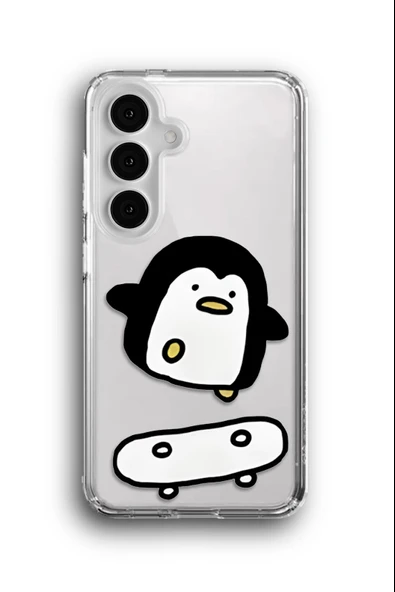 Samsung Galaxy S24 Uyumlu Baskılı Şeffaf Kılıf Kapak "Penguin Kaykaycı"