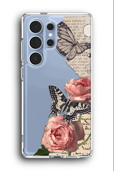 Samsung Galaxy S25 Ultra Uyumlu Baskılı Şeffaf Kılıf Kapak "Gazete Gül Kelebek"