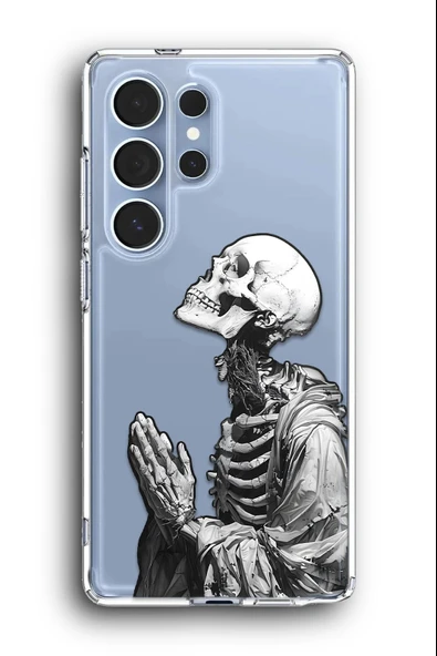 Samsung Galaxy S25 Ultra Uyumlu Baskılı Şeffaf Kılıf Kapak "Dua Eden İskelet"