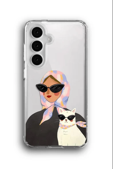 Samsung Galaxy S25 Uyumlu Baskılı Şeffaf Kılıf Kapak "Kadınla Kedi"