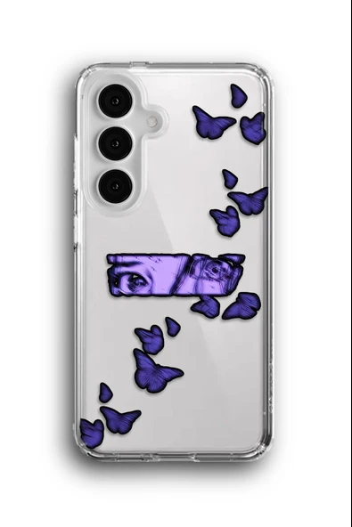 Samsung Galaxy S25 Uyumlu Baskılı Şeffaf Kılıf Kapak "Anime Gözler Kelebekler Mor"