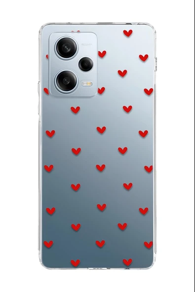Xiaomi Redmi Note 12 Pro 5G Uyumlu Baskılı Şeffaf Kılıf Kapak "Kırmızı Minik Kalpler Kolaj"