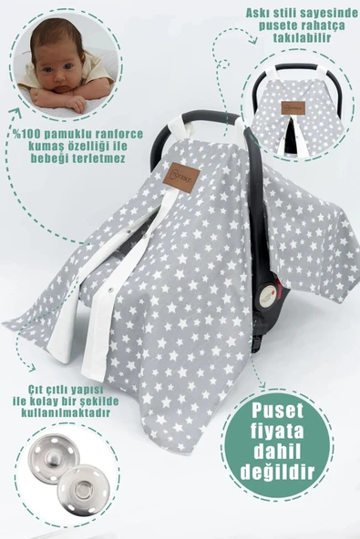 Mordesign Ortopedik Bebek Puset Minderi, Örtü ve Çarşaf 3 lü Set, Stars Desen, Gri