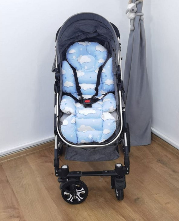 Mordesign Ortopedik Bebek Arabası Minderi, Çift Taraflı Balon Kelebek Desen, Mavi