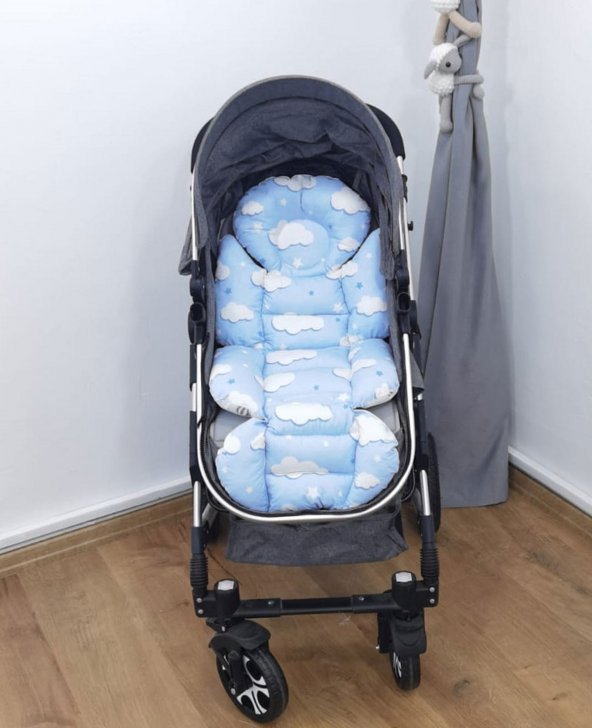 Mordesign Ortopedik Bebek Arabası Minderi, Çift Taraflı Bulut Balon Desen, Mavi
