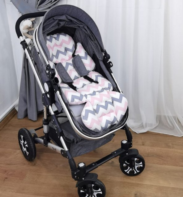 Mordesign Ortopedik Bebek Arabası Minderi, Çift Taraflı Zikzak Desen, Pembe - 2