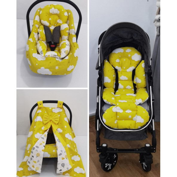 Ortopedik Bebek Arabası Minder, Puset Minder, Örtü ve Çarşaf 4lü Set, Askı Stil Bulut Desen Sarı