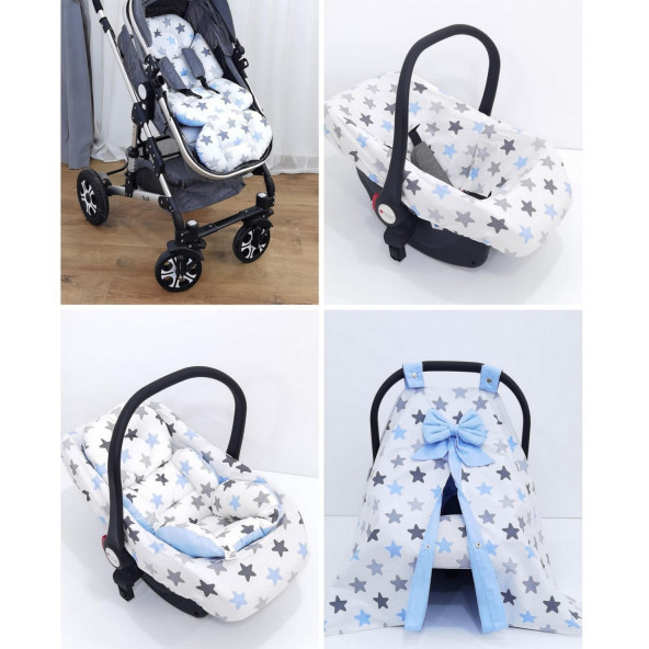 Ortopedik Bebek Arabası Minder ve Puset Minder, Örtü, Çarşaf 4lü Set - Askı Stil Büyük Yıldız Desen, Mavi