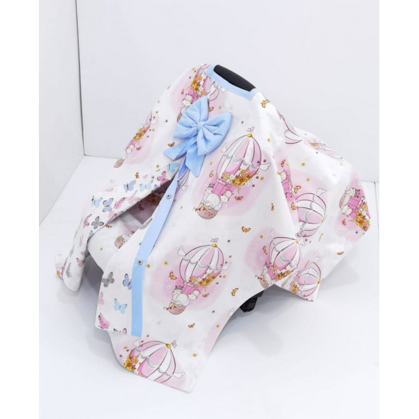Mordesign Bebek Puset Örtüsü, Panço Stil, Balon Kelebek Desen, Pembe - 2