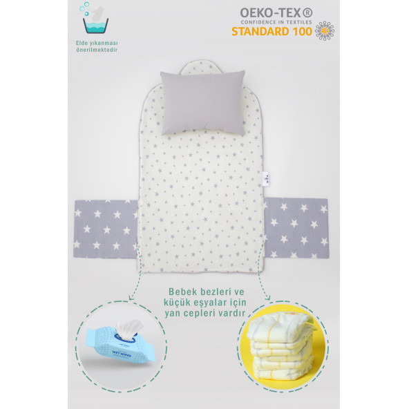 Mordesign Çantalı Bebek Alt Açma Pedi/Minderi, Yıldız Desen, Gri - 2
