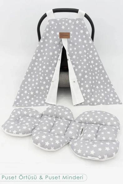 Mordesign Ortopedik Bebek Puset Minderi, Örtü ve Çarşaf 3 lü Set, Stars Desen, Gri - 2