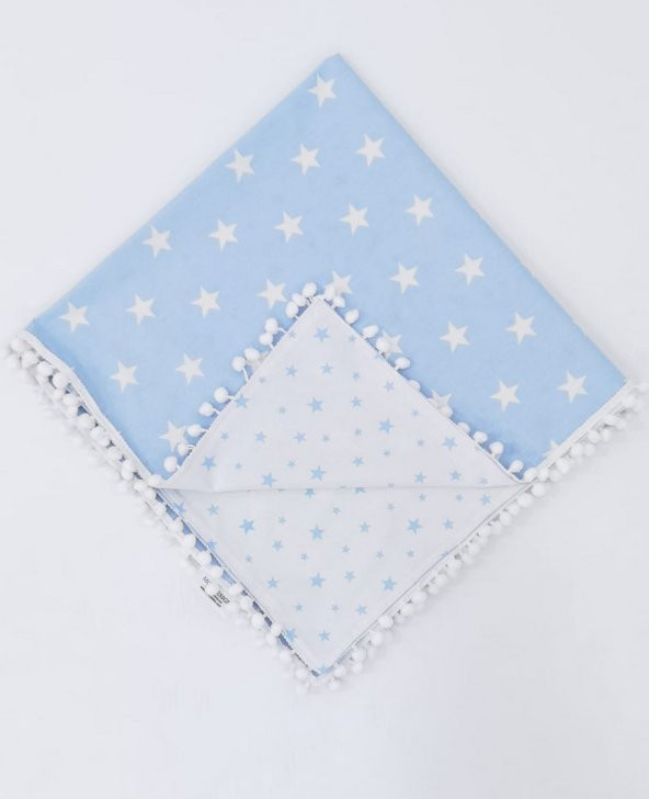 Mordesign Bebek Pikesi Yıldız Desen, Kenarları Ponponlu, Mavi Renk