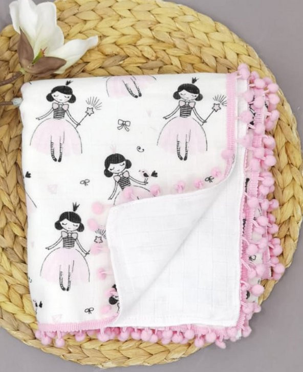 Çift Kat Prenses Desen, Kenar Ponponlu Çok Amaçlı Muslin Pike, Pembe - 2