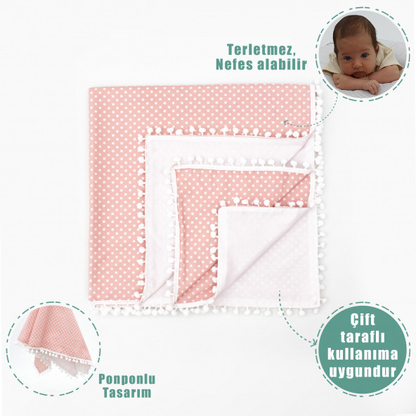 Mordesign Bebek Pikesi Puantiyeli Model, Kenarları Ponponlu, Pembe Renk - 2