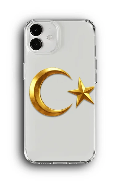iPhone 12 Mini Uyumlu Baskılı Şeffaf Kılıf Kapak "Ay Yıldız Bayrak Altın Parlak"