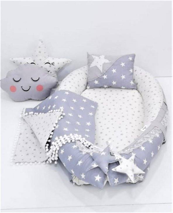 Bebek Anne Yanı Babynest Yatak, Pike ve Yastık 5 li Set, Yıldız Desen Gri Renk