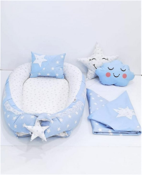Bebek Anne Yanı Babynest Yatak, Polar Battaniye ve Yastık 5 li Set, Yıldız Desen Mavi Renk - 1