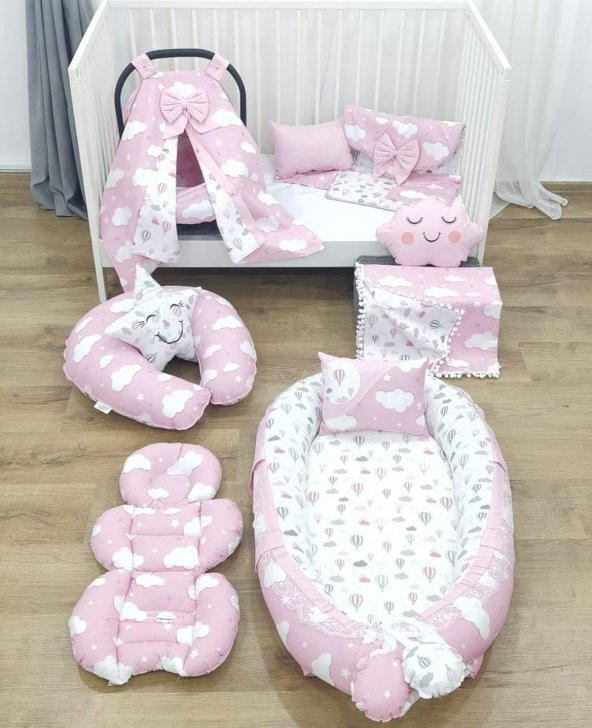 Anne Yanı Babynest Yatak ve Ortopedik Puset Aksesuar 12 li Set - Bulut Balon Desen, Askı Stil Pembe