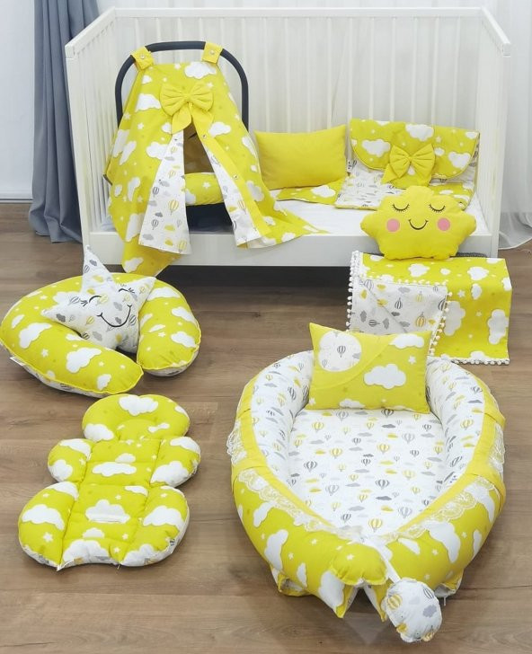 Anne Yanı Babynest Yatak ve Ortopedik Puset Aksesuar 12 li Set - Bulut Balon Desen, Askı Stil Sarı