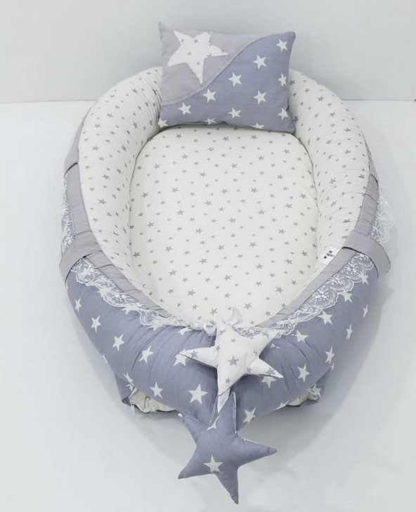 Bebek Anne Yanı Babynest Yatak, Pike ve Yastık 5 li Set, Yıldız Desen Gri Renk - 2