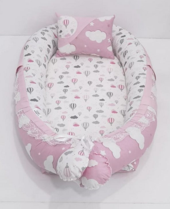 Bebek Anne Yanı Babynest Yatak, Yastık Hediyeli Bulut-Balon Desen Pembe Renk