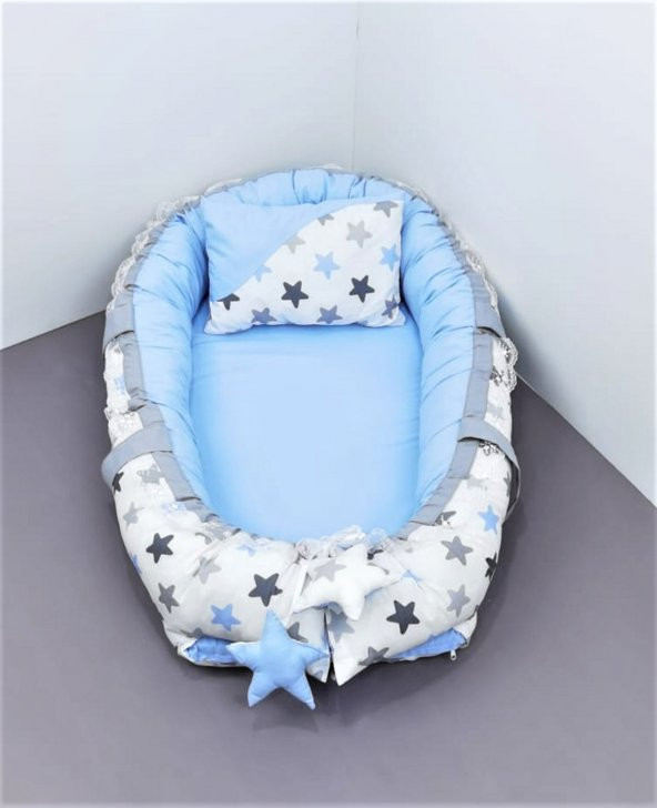 Babynest Bebek Yatağı Anne Yanı Yatak Yıldız Desen Mavi