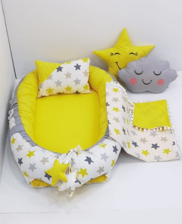 Bebek Yatak Babynest Pike Yastık Yıldız Desen 5 li Takım Sarı