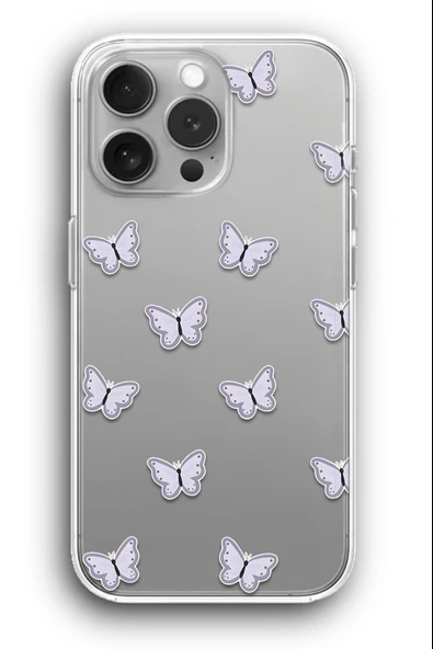 iPhone 12 Pro Max Uyumlu Baskılı Şeffaf Kılıf Kapak "Gri Kelebekler Cici Butterfly"