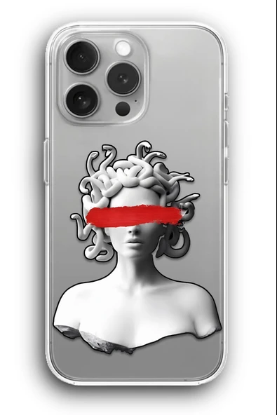 iPhone 13 Pro Max Uyumlu Baskılı Şeffaf Kılıf Kapak "Medusa Kadın Taş" - 1