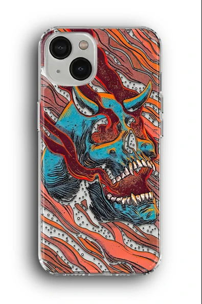 iPhone 13 Uyumlu Baskılı Şeffaf Kılıf Kapak "Alevli Kurukafa Motorcu Samurai"