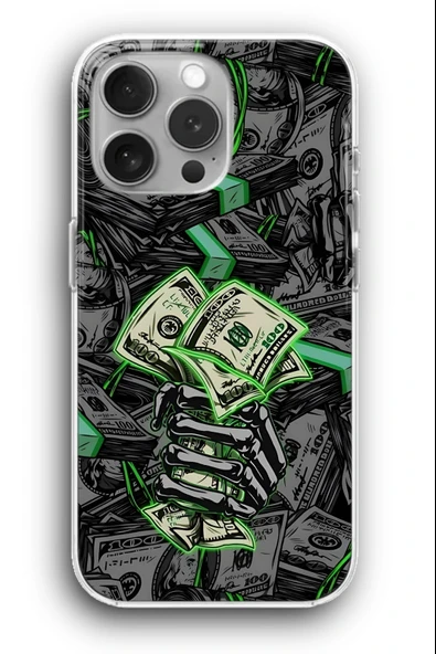 iPhone 14 Pro Max Uyumlu Baskılı Şeffaf Kılıf Kapak "İskelet Dolar"