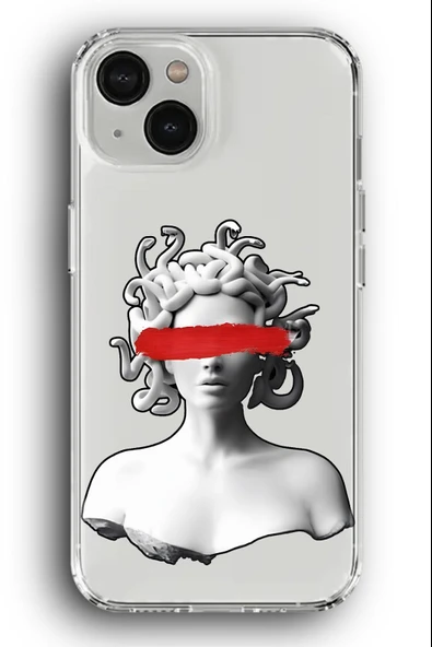 iPhone 15 Plus Uyumlu Baskılı Şeffaf Kılıf Kapak "Medusa Kadın Taş" - 1