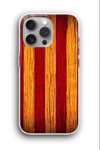 iPhone 15 Pro Uyumlu Baskılı Şeffaf Kılıf Kapak "Ahşap Desen Sarı Kırmızı"