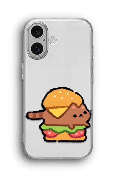 iPhone 16 Plus Uyumlu Baskılı Şeffaf Kılıf Kapak "Burger Kedi"