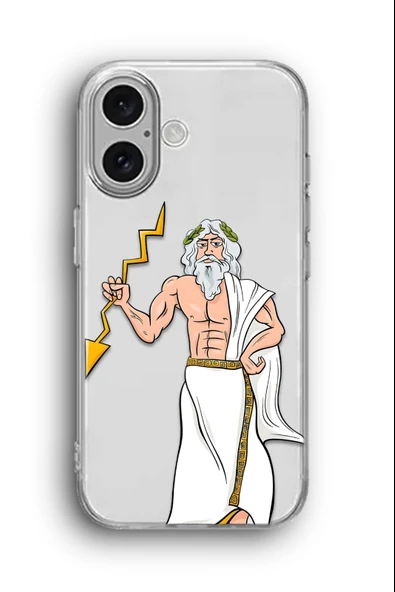 iPhone 16 Plus Uyumlu Baskılı Şeffaf Kılıf Kapak "Zeus Çizim Cartoon Hero"