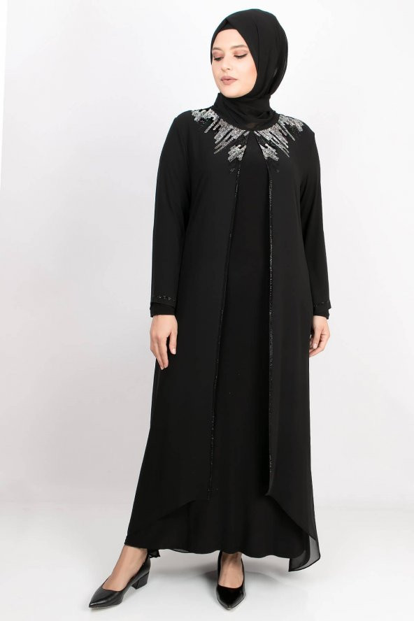Taş Baskı Detay Abiye Elbise Siyah MDA2125