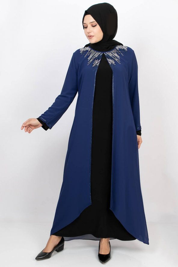 Taş Baskı Detay Abiye Elbise Saks MDA2125