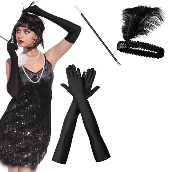 1920'ler Gatsby Aksesuar Seti – Siyah Charleston Saç Bandı, Uzun Eldiven & Sigaralık