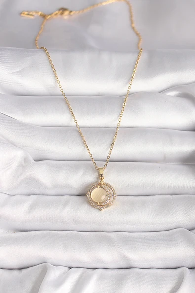 316L Çelik Gold Renk Zirkon Taşlı Sarı Sedefli Hilal Model Kadın Kolye - TJ-BKO9705 - 2