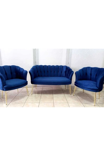 GARDEN HOUSE Parliament Saks Mavi Kumaş Metal Ayak Ofis Koltuk Takımı Bekleme Çay Seti Koltuk Takımı