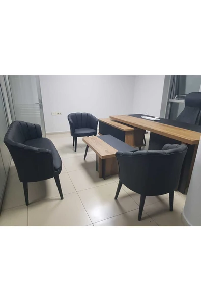 GARDEN HOUSE 3 1 1 Ahşap Ayaklı Siyah Deri Ofis Koltuk Takımı 3'lü Kanepe Ofis Bekleme Koltuğu
