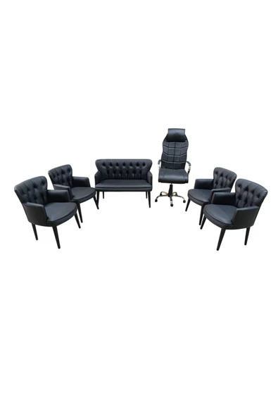 GARDEN HOUSE  6 Kişilik Pera Siyah Deri Ofis Koltuk Takımı   Ofis, Bekleme - 2+1+1+1+1+makam koltuğu ürün görseli 1