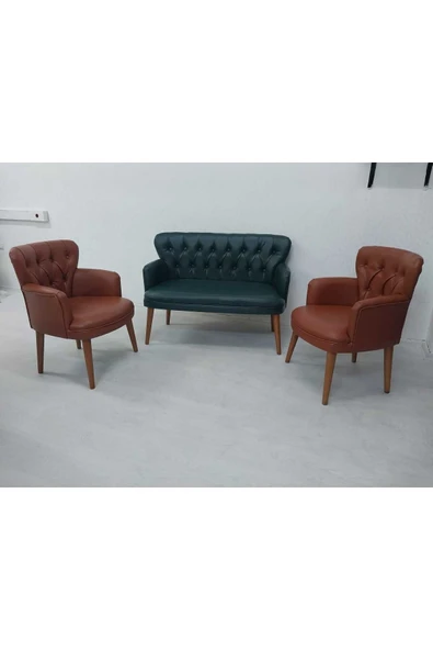 GARDEN HOUSE  Yeşil Taba Deri Ahşap Ayaklı Kollu Ofis Koltuk Takımı Bekleme Koltuğu - 2