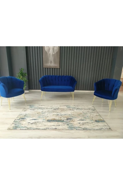 GARDEN HOUSE  Parliament Saks Mavi Kumaş Metal Ayak Ofis Koltuk Takımı Bekleme Çay Seti Koltuk Takımı - 2