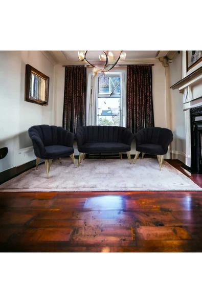 GARDEN HOUSE Siyah Metal Ayaklı Papatya Çay Koltuk Takımı Bekleme-ofis Koltuk Takımı Berjer Cafe Sandalyesi