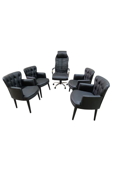 GARDEN HOUSE 4 Tekli Siyah Deri Berjer ve Makam Koltuğu - Ofis, Bekleme, Kuaför Takımı