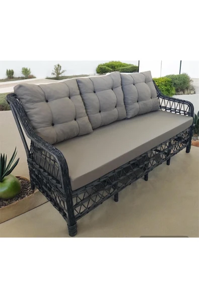GARDEN HOUSE  Antrasit Gri Rattan Gri Kumaşlı Alüminyum Bahçe Koltuk Takımı 3 1 1 1 Puf Masa Bahçe Mobilyası - 4