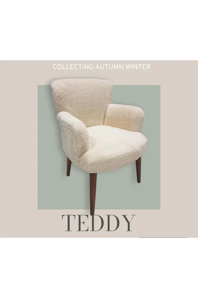 GARDEN HOUSE  Teddy KREM Kumaş Ahşap Ayaklı Puffy Çay Seti Koltuk Ofis Koltuğu Balkon Koltuğu Berjer