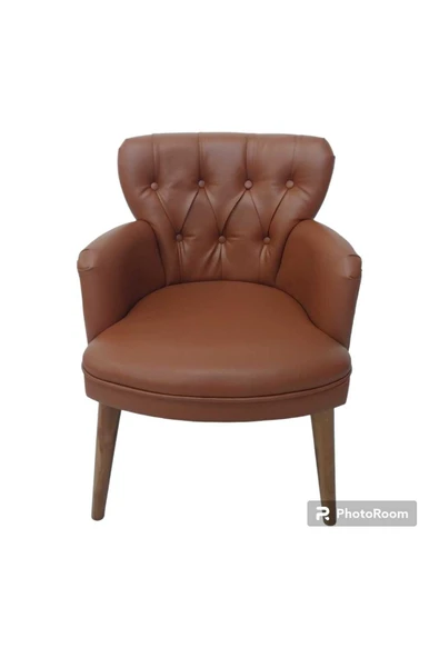 GARDEN HOUSE  Tekli Taba Deri Ahşap Ayaklı Ofis Koltuğu Kafe Koltuğu Sandalye Berjer ürün görseli 1